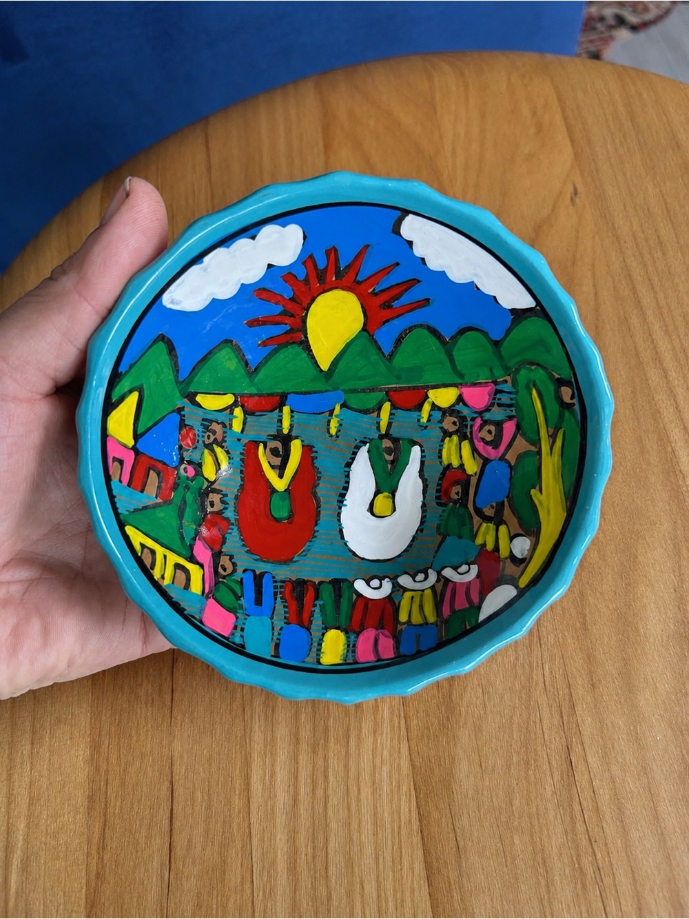 Mexican Hand Painted Folk Art Village Market Scene Footed Pottery Bowl